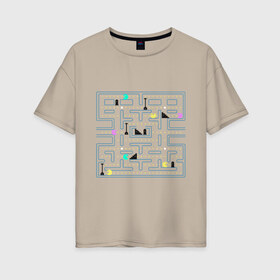Женская футболка хлопок Oversize с принтом Pac-Man в Петрозаводске, 100% хлопок | свободный крой, круглый ворот, спущенный рукав, длина до линии бедер
 | arcade | dendi | game | pac | pac man | pacman | retro | аркада | видеоигра | деньди | дэньди | игра | колобок | пакман | пакмэн | ретро