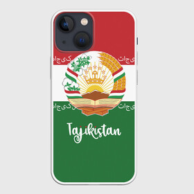 Чехол для iPhone 13 mini с принтом Таджикистан в Петрозаводске,  |  | asia | coat of arms | crown | emblem | flag | ornament | patterns | republic of tajikistan | stars | state | азия | герб | государство | звезды | корона | орнамент | республика | таджикистан | узоры | флаг | эмблема