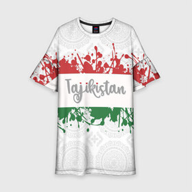Детское платье 3D с принтом Таджикистан в Петрозаводске, 100% полиэстер | прямой силуэт, чуть расширенный к низу. Круглая горловина, на рукавах — воланы | Тематика изображения на принте: asia | blots | drops | flag | paint | republic of tajikistan | splashes | state | азия | брызги | государство | капли | кляксы | краска | республика | таджикистан | флаг