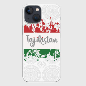 Чехол для iPhone 13 mini с принтом Таджикистан в Петрозаводске,  |  | asia | blots | drops | flag | paint | republic of tajikistan | splashes | state | азия | брызги | государство | капли | кляксы | краска | республика | таджикистан | флаг