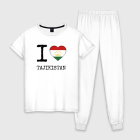 Женская пижама хлопок с принтом Таджикистан в Петрозаводске, 100% хлопок | брюки и футболка прямого кроя, без карманов, на брюках мягкая резинка на поясе и по низу штанин | asia | coat of arms | flag | heart | i | love | ornament | patterns | republic | state | tajikistan | азия | герб | государство | люблю | орнамент | республика | сердце | таджикистан | узоры | флаг | я