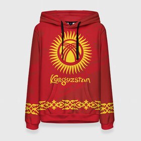 Женская толстовка 3D с принтом Киргизия в Петрозаводске, 100% полиэстер  | двухслойный капюшон со шнурком для регулировки, мягкие манжеты на рукавах и по низу толстовки, спереди карман-кенгуру с мягким внутренним слоем. | asia | coat of arms | kyrgyz republics | kyrgyzstan | ornament | state | азия | герб | государство | киргизия | киргизская республика | кыргыз республикасы | кыргызстан | орнамент