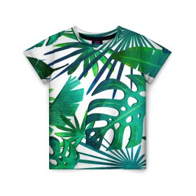 Детская футболка 3D с принтом Тропические листья на светлом в Петрозаводске, 100% гипоаллергенный полиэфир | прямой крой, круглый вырез горловины, длина до линии бедер, чуть спущенное плечо, ткань немного тянется | 