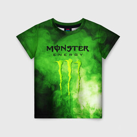 Детская футболка 3D с принтом MONSTER ENERGY в Петрозаводске, 100% гипоаллергенный полиэфир | прямой крой, круглый вырез горловины, длина до линии бедер, чуть спущенное плечо, ткань немного тянется | brend | green | monster energy | андреналин | бренд | зеленый | логотип | монстр | напиток | энергетик | энергия