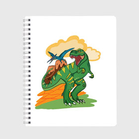 Тетрадь с принтом Динозавр в Петрозаводске, 100% бумага | 48 листов, плотность листов — 60 г/м2, плотность картонной обложки — 250 г/м2. Листы скреплены сбоку удобной пружинной спиралью. Уголки страниц и обложки скругленные. Цвет линий — светло-серый
 | Тематика изображения на принте: вулкан | динозавры | динозавры в природе | летающий динозавр | хищник