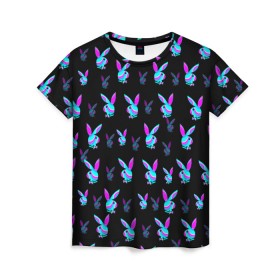 Женская футболка 3D с принтом Playboy в Петрозаводске, 100% полиэфир ( синтетическое хлопкоподобное полотно) | прямой крой, круглый вырез горловины, длина до линии бедер | playboy | абстракция | зая | заяц | краска | кролик | кролик плейбой | лето | море | неон | отдых | плейбой | плэйбой | пляж | текстура