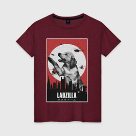 Женская футболка хлопок с принтом Лабзилла в Петрозаводске, 100% хлопок | прямой крой, круглый вырез горловины, длина до линии бедер, слегка спущенное плечо | вертолеты | годзилла | лабрадор | пес | постер | собака | собачник | фильм | щенок