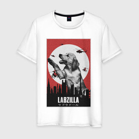 Мужская футболка хлопок с принтом Лабзилла в Петрозаводске, 100% хлопок | прямой крой, круглый вырез горловины, длина до линии бедер, слегка спущенное плечо. | вертолеты | годзилла | лабрадор | пес | постер | собака | собачник | фильм | щенок
