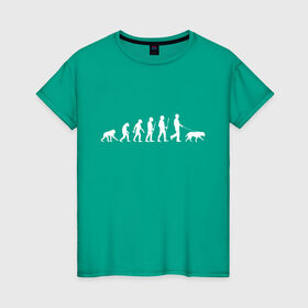 Женская футболка хлопок с принтом Эволюция. Лабрадор в Петрозаводске, 100% хлопок | прямой крой, круглый вырез горловины, длина до линии бедер, слегка спущенное плечо | homo sapiens | дарвин | лабрадор | люди | неандерталец | пёс | развитие | собака | собачник | эволюция