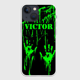 Чехол для iPhone 13 mini с принтом Виктор в Петрозаводске,  |  | брызги | виктор | витёк | витька | витюля | витюха | витюша | грязная | зеленая | имена | именная | имя | капли | кислотная | краска | лапа | надпись | отпечаток | пандемия | подпись | подтеки