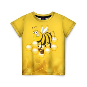 Детская футболка 3D с принтом Лето. Пчелы. Мед в Петрозаводске, 100% гипоаллергенный полиэфир | прямой крой, круглый вырез горловины, длина до линии бедер, чуть спущенное плечо, ткань немного тянется | Тематика изображения на принте: лето | мед | насекомые | пчела | соты | улей