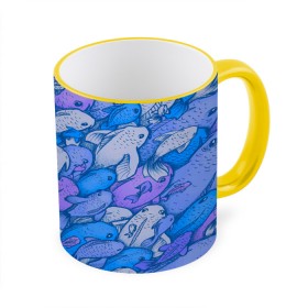 Кружка с принтом косяк рыб крупно рисунок в Петрозаводске, керамика | ёмкость 330 мл | арт | косяк | много | морские жители | морской | подводный мир | рисунок | рыбки | рыбы | синий | фиолетовый