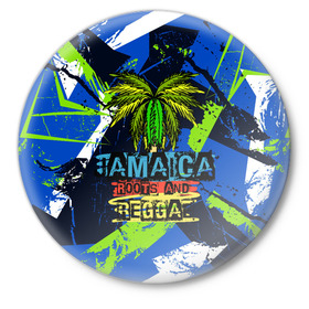Значок с принтом Jamaica Roots and reggae в Петрозаводске,  металл | круглая форма, металлическая застежка в виде булавки | Тематика изображения на принте: jamaica | reggae | roots | летняя | лето | надпись | пальма | раста | регги | рэгги | текст | фраза | ямайка