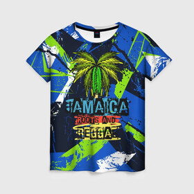Женская футболка 3D с принтом Jamaica Roots and reggae в Петрозаводске, 100% полиэфир ( синтетическое хлопкоподобное полотно) | прямой крой, круглый вырез горловины, длина до линии бедер | jamaica | reggae | roots | летняя | лето | надпись | пальма | раста | регги | рэгги | текст | фраза | ямайка