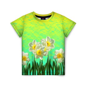 Детская футболка 3D с принтом Солнечные Нарциссы в Петрозаводске, 100% гипоаллергенный полиэфир | прямой крой, круглый вырез горловины, длина до линии бедер, чуть спущенное плечо, ткань немного тянется | flowers | nature | summer | sun | бутоны | зелень | кислотный | краски | лазурный | лепестки | летний | лето | листья | нарцисс | нарциссы | неоновый | поле | природа | растения | ромашки | сад | солнечный | солнце