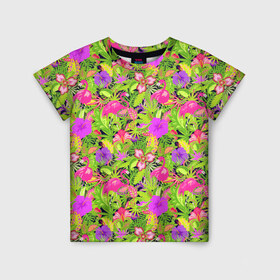 Детская футболка 3D с принтом Flamingo | Tropical в Петрозаводске, 100% гипоаллергенный полиэфир | прямой крой, круглый вырез горловины, длина до линии бедер, чуть спущенное плечо, ткань немного тянется | flamingo | flamingos | flower | flowers | neon | pink | rose | summer | девочке | девушке | красивая | летняя | неон | парню | подарок | прикольная | приятная | роза | розовая | стильная | текстура | тропики | фламинго | цветок