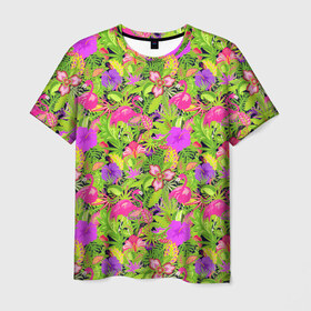 Мужская футболка 3D с принтом Flamingo | Tropical в Петрозаводске, 100% полиэфир | прямой крой, круглый вырез горловины, длина до линии бедер | Тематика изображения на принте: flamingo | flamingos | flower | flowers | neon | pink | rose | summer | девочке | девушке | красивая | летняя | неон | парню | подарок | прикольная | приятная | роза | розовая | стильная | текстура | тропики | фламинго | цветок