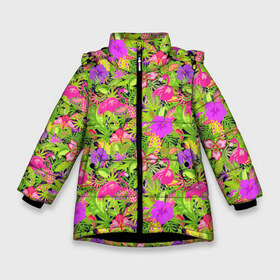 Зимняя куртка для девочек 3D с принтом Flamingo Tropical в Петрозаводске, ткань верха — 100% полиэстер; подклад — 100% полиэстер, утеплитель — 100% полиэстер. | длина ниже бедра, удлиненная спинка, воротник стойка и отстегивающийся капюшон. Есть боковые карманы с листочкой на кнопках, утяжки по низу изделия и внутренний карман на молнии. 

Предусмотрены светоотражающий принт на спинке, радужный светоотражающий элемент на пуллере молнии и на резинке для утяжки. | flamingo | flamingos | flower | flowers | neon | pink | rose | summer | девочке | девушке | красивая | летняя | неон | парню | подарок | прикольная | приятная | роза | розовая | стильная | текстура | тропики | фламинго | цветок