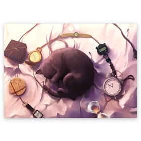 Поздравительная открытка с принтом 9 жизней кота в Петрозаводске, 100% бумага | плотность бумаги 280 г/м2, матовая, на обратной стороне линовка и место для марки
 | 9 жизней | время | девять жизней | клубок | кот | кошка | часы | черный котик