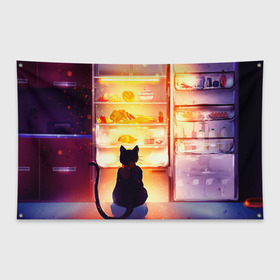 Флаг-баннер с принтом Черный кот холодильник ночь в Петрозаводске, 100% полиэстер | размер 67 х 109 см, плотность ткани — 95 г/м2; по краям флага есть четыре люверса для крепления | арт | вкусняшки | ночной дожор | ночь | преступление | рисунок | холодильник | черный кот