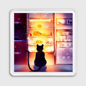 Магнит 55*55 с принтом Черный кот холодильник ночь в Петрозаводске, Пластик | Размер: 65*65 мм; Размер печати: 55*55 мм | Тематика изображения на принте: арт | вкусняшки | ночной дожор | ночь | преступление | рисунок | холодильник | черный кот