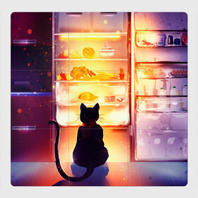 Магнитный плакат 3Х3 с принтом Черный кот холодильник ночь в Петрозаводске, Полимерный материал с магнитным слоем | 9 деталей размером 9*9 см | Тематика изображения на принте: арт | вкусняшки | ночной дожор | ночь | преступление | рисунок | холодильник | черный кот