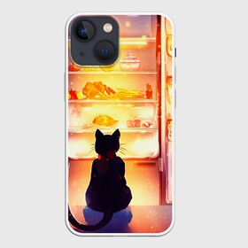 Чехол для iPhone 13 mini с принтом Черный кот холодильник ночь в Петрозаводске,  |  | арт | вкусняшки | ночной дожор | ночь | преступление | рисунок | холодильник | черный кот