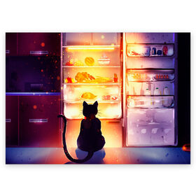 Поздравительная открытка с принтом Черный кот холодильник ночь в Петрозаводске, 100% бумага | плотность бумаги 280 г/м2, матовая, на обратной стороне линовка и место для марки
 | Тематика изображения на принте: арт | вкусняшки | ночной дожор | ночь | преступление | рисунок | холодильник | черный кот