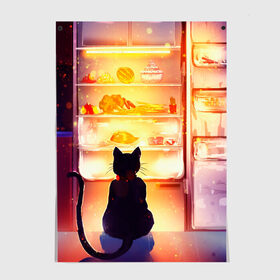 Постер с принтом Черный кот холодильник ночь в Петрозаводске, 100% бумага
 | бумага, плотность 150 мг. Матовая, но за счет высокого коэффициента гладкости имеет небольшой блеск и дает на свету блики, но в отличии от глянцевой бумаги не покрыта лаком | арт | вкусняшки | ночной дожор | ночь | преступление | рисунок | холодильник | черный кот