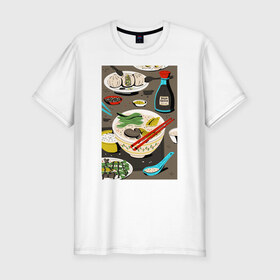Мужская футболка премиум с принтом Азиатская еда в Петрозаводске, 92% хлопок, 8% лайкра | приталенный силуэт, круглый вырез ворота, длина до линии бедра, короткий рукав | блюда | готовка | еда | кулинар | повар | шеф повар