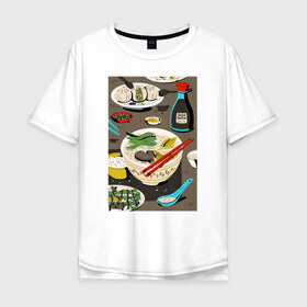 Мужская футболка хлопок Oversize с принтом Азиатская еда в Петрозаводске, 100% хлопок | свободный крой, круглый ворот, “спинка” длиннее передней части | блюда | готовка | еда | кулинар | повар | шеф повар