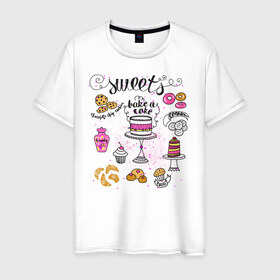 Мужская футболка хлопок с принтом sweets в Петрозаводске, 100% хлопок | прямой крой, круглый вырез горловины, длина до линии бедер, слегка спущенное плечо. | блюда | готовка | еда | кондитер | кулинар | повар | шеф повар