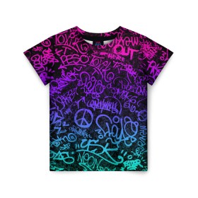 Детская футболка 3D с принтом Граффити Neon в Петрозаводске, 100% гипоаллергенный полиэфир | прямой крой, круглый вырез горловины, длина до линии бедер, чуть спущенное плечо, ткань немного тянется | Тематика изображения на принте: blue | cyberpunk | drawing | graffiti | lettering | neon | paint | purple | text | брызги | граффити | киберпанк | краска | надписи | неон | рисунок | синий | текст | фиолетовый