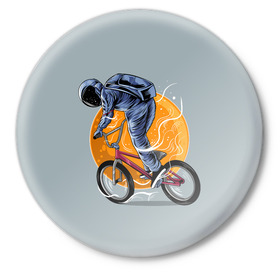 Значок с принтом Космический велосипедист (Z) в Петрозаводске,  металл | круглая форма, металлическая застежка в виде булавки | bicycle | bicyclist | bike | biker | bmx | cycle | galaxy | moon | rider | space | stars | байкер | бмх | вело | велогонщик | велосепедист | велосипед | велоспорт | гонщик | космос | луна