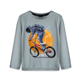 Детский лонгслив 3D с принтом Космический велосипедист (Z) в Петрозаводске, 100% полиэстер | длинные рукава, круглый вырез горловины, полуприлегающий силуэт
 | bicycle | bicyclist | bike | biker | bmx | cycle | galaxy | moon | rider | space | stars | байкер | бмх | вело | велогонщик | велосепедист | велосипед | велоспорт | гонщик | космос | луна