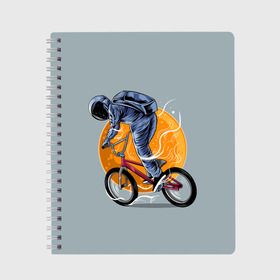 Тетрадь с принтом Космический велосипедист (Z) в Петрозаводске, 100% бумага | 48 листов, плотность листов — 60 г/м2, плотность картонной обложки — 250 г/м2. Листы скреплены сбоку удобной пружинной спиралью. Уголки страниц и обложки скругленные. Цвет линий — светло-серый
 | Тематика изображения на принте: bicycle | bicyclist | bike | biker | bmx | cycle | galaxy | moon | rider | space | stars | байкер | бмх | вело | велогонщик | велосепедист | велосипед | велоспорт | гонщик | космос | луна