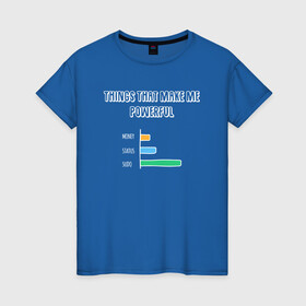 Женская футболка хлопок с принтом SUDO дает Силу в Петрозаводске, 100% хлопок | прямой крой, круглый вырез горловины, длина до линии бедер, слегка спущенное плечо | Тематика изображения на принте: coding | it | programming | sudo | кодинг | прогер | программирование | программист