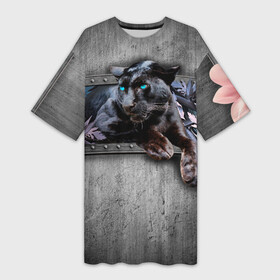 Платье-футболка 3D с принтом Пантера и цветы в Петрозаводске,  |  | 3д | 3д картина | 3дэ | голубые глаза | железо | животное | картина | кот | коты | кошка | метал | пантера | хищник | цветы | черная пантера