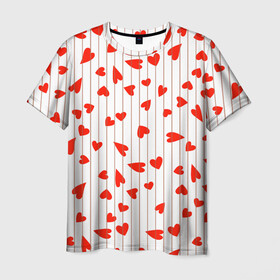 Мужская футболка 3D с принтом Просто сердечки в Петрозаводске, 100% полиэфир | прямой крой, круглый вырез горловины, длина до линии бедер | heart | hearts | lines | red | в | забавные | красные | линии | любовь | полоску | полосы | прикольные | рисунки | сердечки | сердце