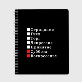 Тетрадь с принтом Коротко о моей жизни в Петрозаводске, 100% бумага | 48 листов, плотность листов — 60 г/м2, плотность картонной обложки — 250 г/м2. Листы скреплены сбоку удобной пружинной спиралью. Уголки страниц и обложки скругленные. Цвет линий — светло-серый
 | бег по кругу | воскресенье | выходные | гнев | график работы | депрессия | дни недели | неделя | о жизни | отрицание | отрицание гнев торг | принятие | психология | работа | рабочая неделя