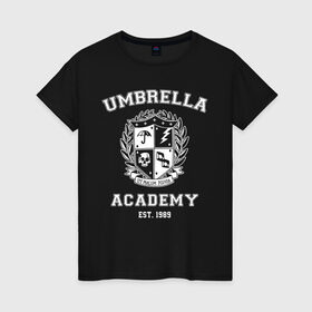 Женская футболка хлопок с принтом Академия Амбрелла в Петрозаводске, 100% хлопок | прямой крой, круглый вырез горловины, длина до линии бедер, слегка спущенное плечо | umbrella | umbrella academy | академия амбрелла | амбрелла | герб