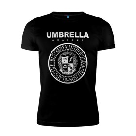 Мужская футболка премиум с принтом Академия Амбрелла в Петрозаводске, 92% хлопок, 8% лайкра | приталенный силуэт, круглый вырез ворота, длина до линии бедра, короткий рукав | Тематика изображения на принте: umbrella | umbrella academy | академия амбрелла | амбрелла | герб