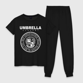 Женская пижама хлопок с принтом Академия Амбрелла в Петрозаводске, 100% хлопок | брюки и футболка прямого кроя, без карманов, на брюках мягкая резинка на поясе и по низу штанин | umbrella | umbrella academy | академия амбрелла | амбрелла | герб