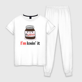 Женская пижама хлопок с принтом Nutella в Петрозаводске, 100% хлопок | брюки и футболка прямого кроя, без карманов, на брюках мягкая резинка на поясе и по низу штанин | nutella | вкусно | вкусняшка | любовь | нутелла | нутэлла | сладкое