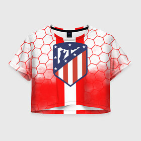 Женская футболка Crop-top 3D с принтом ATLETICO MADRID. в Петрозаводске, 100% полиэстер | круглая горловина, длина футболки до линии талии, рукава с отворотами | atletico madrid | fc | football | football club | sport | атлетико мадрид | испанский футбольный клуб | мадрид | спорт | уефа | униформа | фирменные цвета | фк | футбол | футбольный клуб