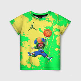 Детская футболка 3D с принтом Brawl STARS (Jordan) в Петрозаводске, 100% гипоаллергенный полиэфир | прямой крой, круглый вырез горловины, длина до линии бедер, чуть спущенное плечо, ткань немного тянется | Тематика изображения на принте: air jordan | brawl | leon | moba | stars | supercell | баскетбол | игра | коллаборация | коллаж | паттерн