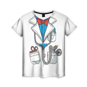 Женская футболка 3D с принтом Докторский халат в Петрозаводске, 100% полиэфир ( синтетическое хлопкоподобное полотно) | прямой крой, круглый вырез горловины, длина до линии бедер | cosplay | doctor | surgeon | бабочка | больничный | в виде врача | врач | врача | врачебный | госпиталь | для ролевых игр | доктор | доктора | докторский | карманы | косплей | костюм врача | стетоскоп | халат