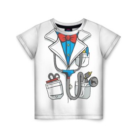 Детская футболка 3D с принтом Докторский халат в Петрозаводске, 100% гипоаллергенный полиэфир | прямой крой, круглый вырез горловины, длина до линии бедер, чуть спущенное плечо, ткань немного тянется | cosplay | doctor | surgeon | бабочка | больничный | в виде врача | врач | врача | врачебный | госпиталь | для ролевых игр | доктор | доктора | докторский | карманы | косплей | костюм врача | стетоскоп | халат