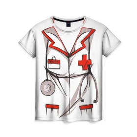 Женская футболка 3D с принтом Халат медсестры в Петрозаводске, 100% полиэфир ( синтетическое хлопкоподобное полотно) | прямой крой, круглый вырез горловины, длина до линии бедер | cosplay | doctor | nurse | surgeon | бабочка | больничный | врач | врача | госпиталь | для ролевых игр | доктор | доктора | докторский | карманы | косплей | костюм медсестры | медсестра | медсестры | стетоскоп