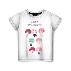 Детская футболка 3D с принтом BTS Love Yourself в Петрозаводске, 100% гипоаллергенный полиэфир | прямой крой, круглый вырез горловины, длина до линии бедер, чуть спущенное плечо, ткань немного тянется | Тематика изображения на принте: bts | k pop | love | love yourself | битиес